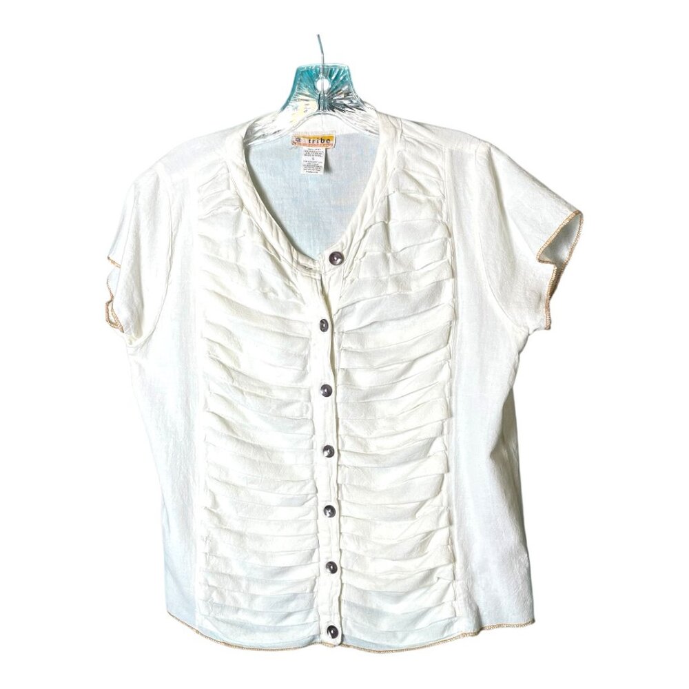 Tribe Off-white button down pleated short sleeve shirt with gold trim. S